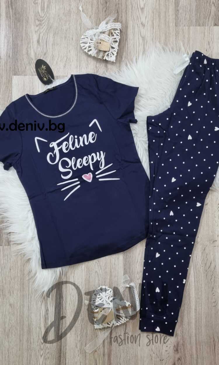 Дамска пижама Иватекс Feline Sleepy синя