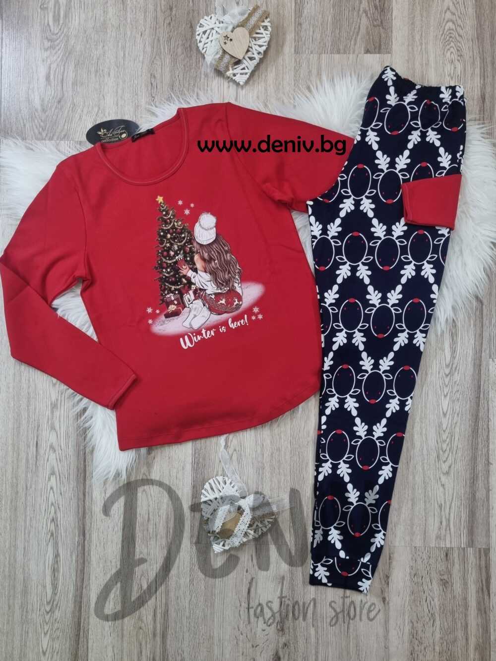 Коледна дамска пижама Иватекс Интерлог 3754 червена