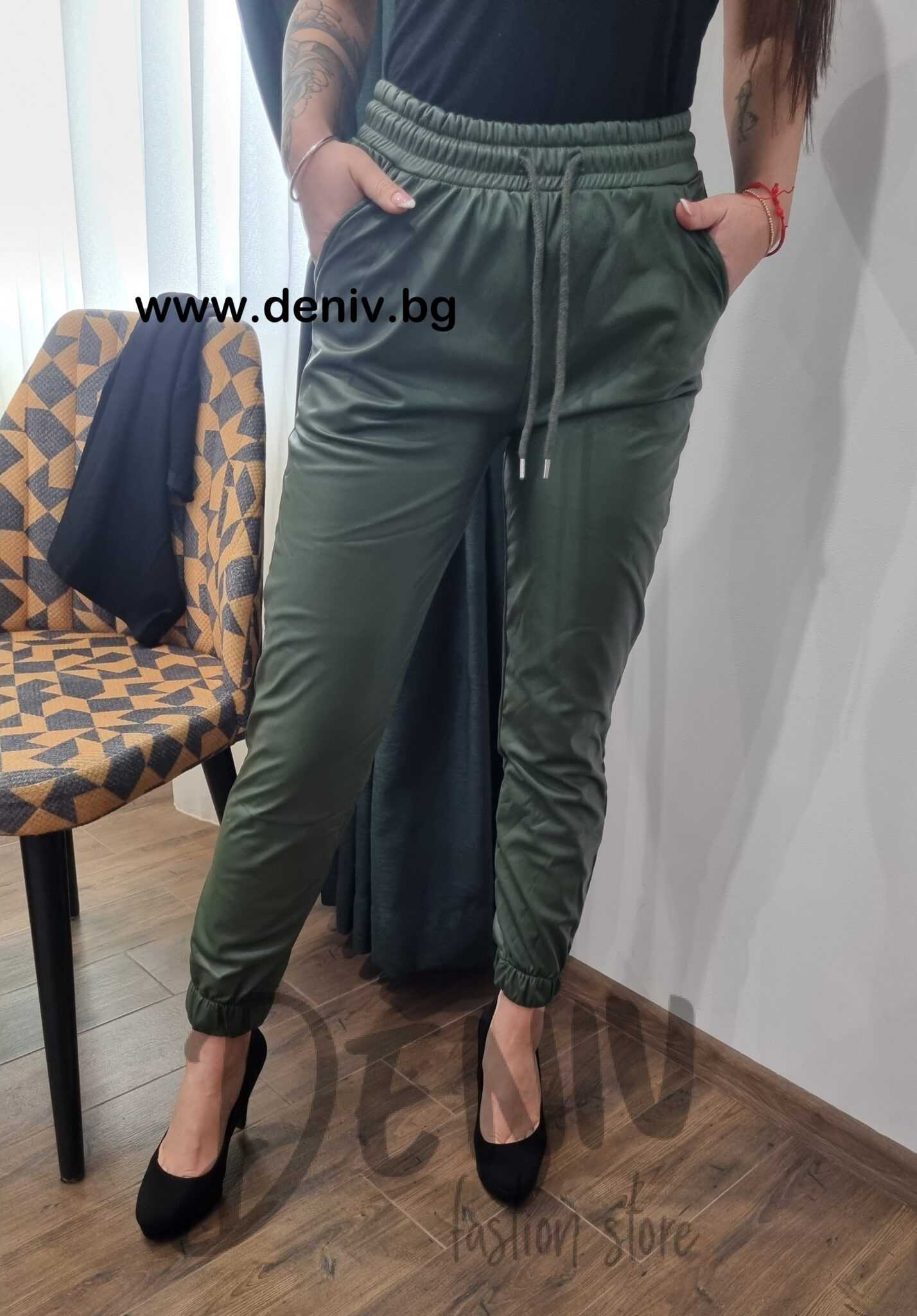 Дамски ватиран кожен панталон маслено зелено.2