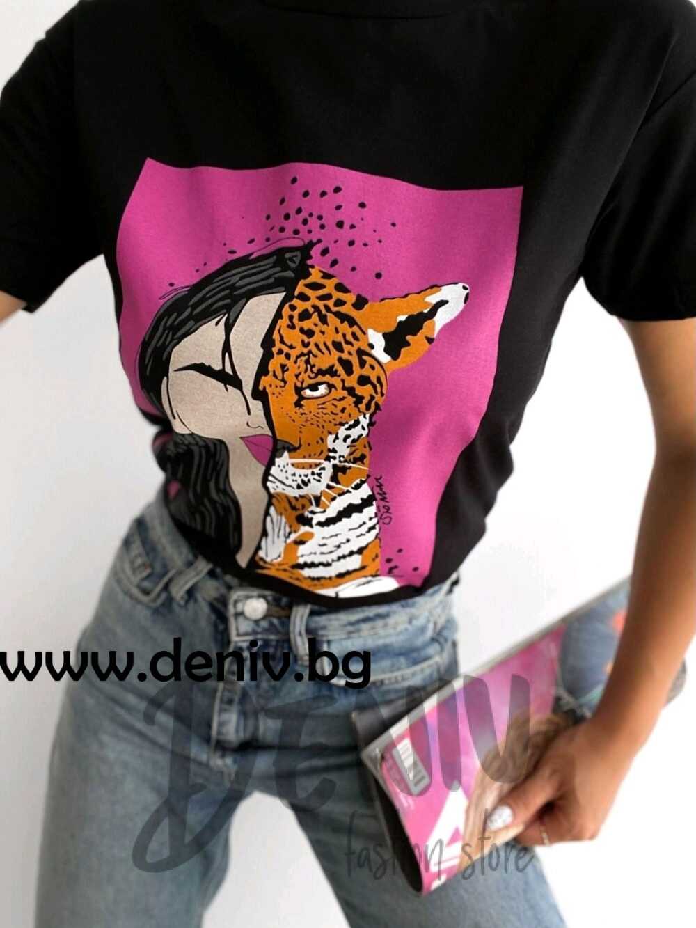 Дамска тениска в цвят черно Маска тигър 459735